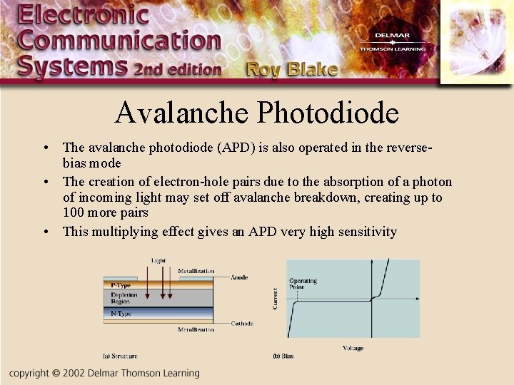 Avalanche Photodiode • The avalanche photodiode (APD) is also operated in the reversebias mode