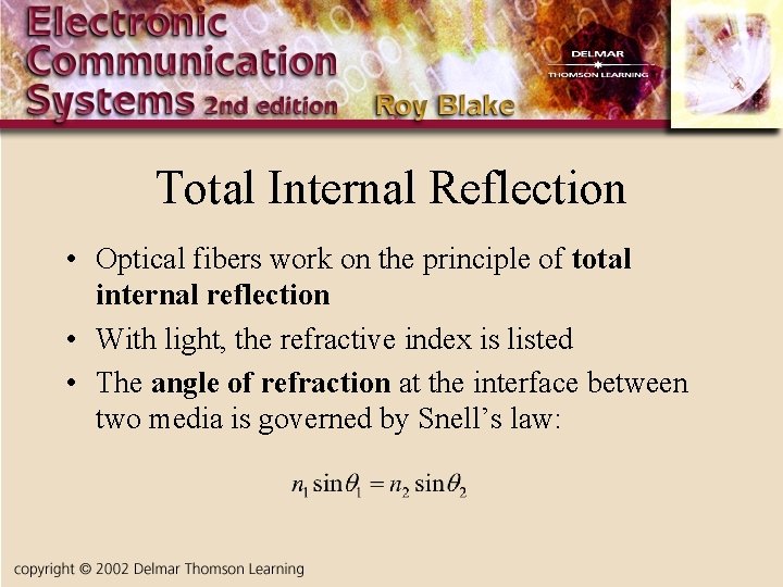 Total Internal Reflection • Optical fibers work on the principle of total internal reflection