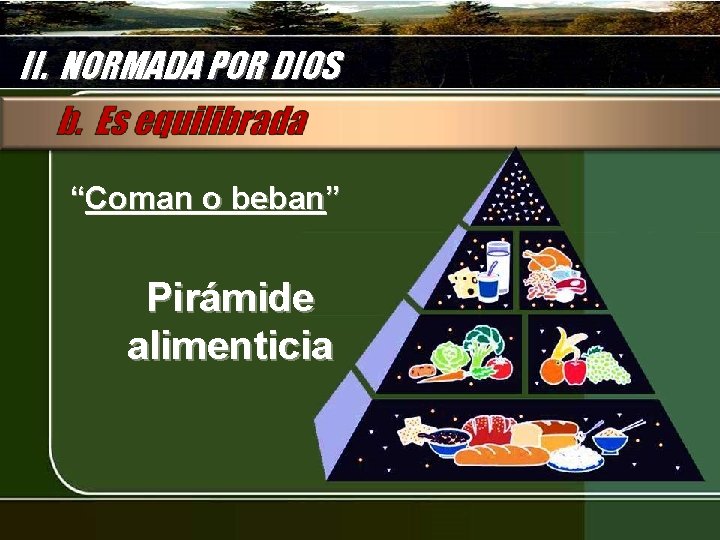 II. NORMADA POR DIOS “Coman o beban” Pirámide alimenticia 