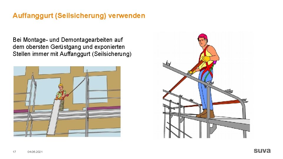 Auffanggurt (Seilsicherung) verwenden Bei Montage- und Demontagearbeiten auf dem obersten Gerüstgang und exponierten Stellen