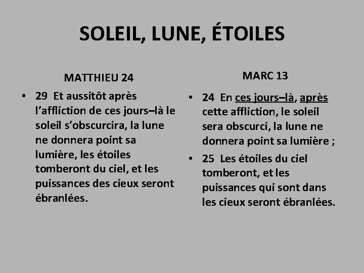 SOLEIL, LUNE, ÉTOILES MATTHIEU 24 MARC 13 • 29 Et aussitôt après l’affliction de