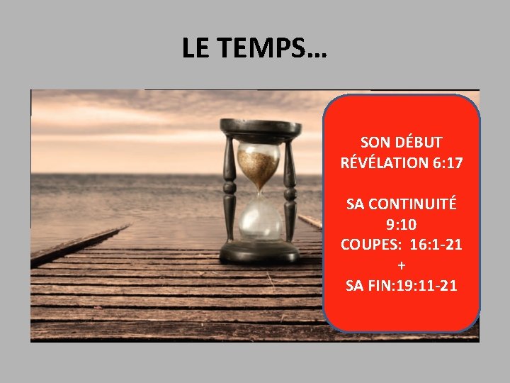 LE TEMPS… SON DÉBUT RÉVÉLATION 6: 17 SA CONTINUITÉ 9: 10 COUPES: 16: 1