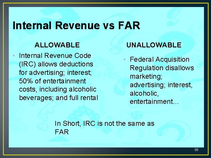 Internal Revenue vs FAR ALLOWABLE • Internal Revenue Code (IRC) allows deductions for advertising;