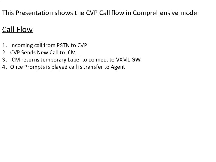 VXML GW PG This Presentation shows the CVP Call flow in Comprehensive mode. Call