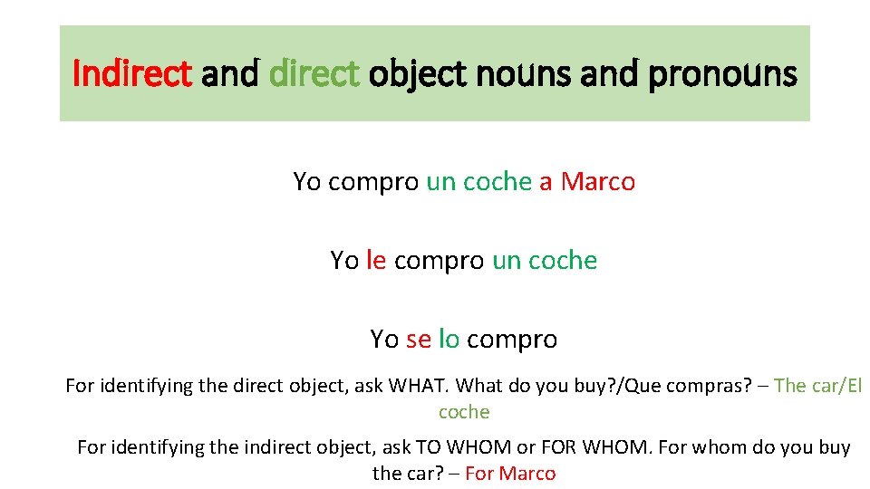 Indirect and direct object nouns and pronouns Yo compro un coche a Marco Yo