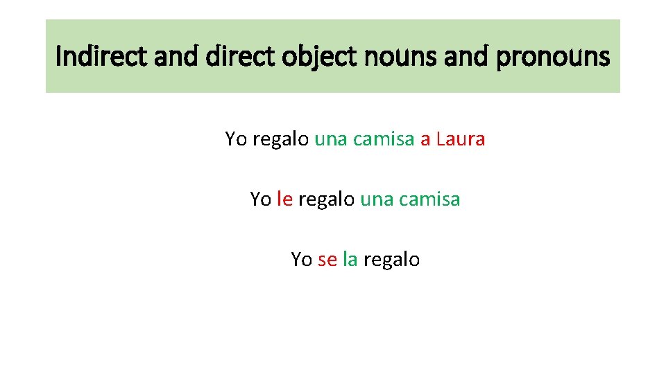 Indirect and direct object nouns and pronouns Yo regalo una camisa a Laura Yo