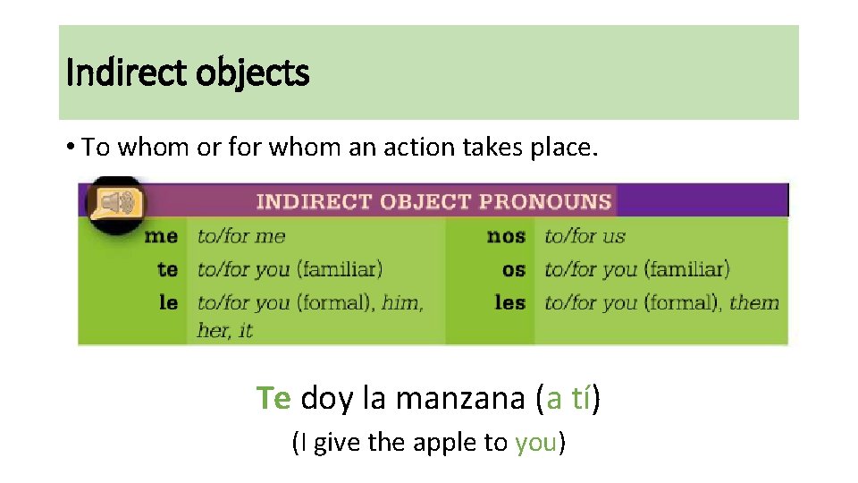 Indirect objects • To whom or for whom an action takes place. Te doy