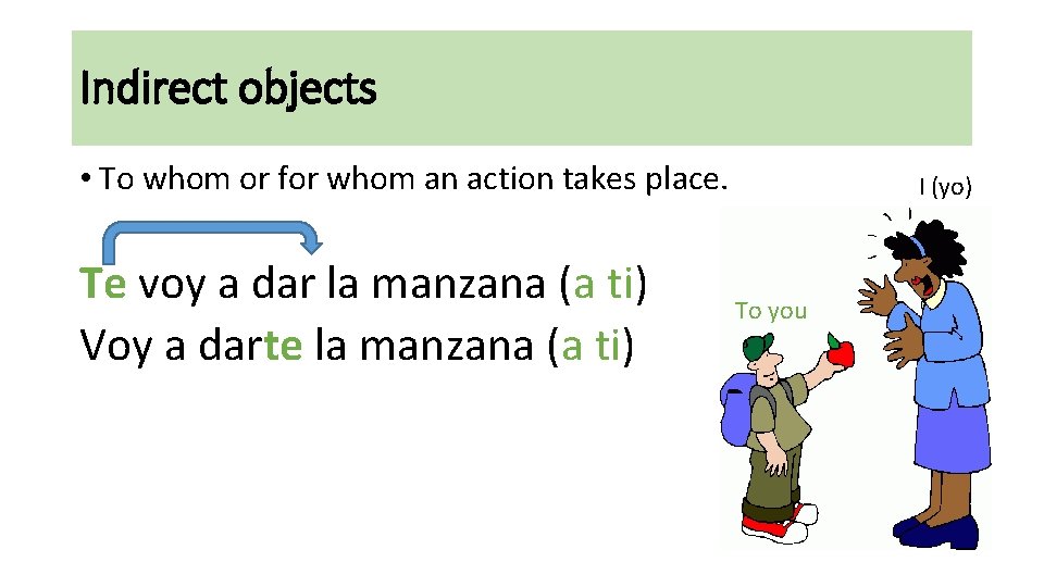 Indirect objects • To whom or for whom an action takes place. Te voy