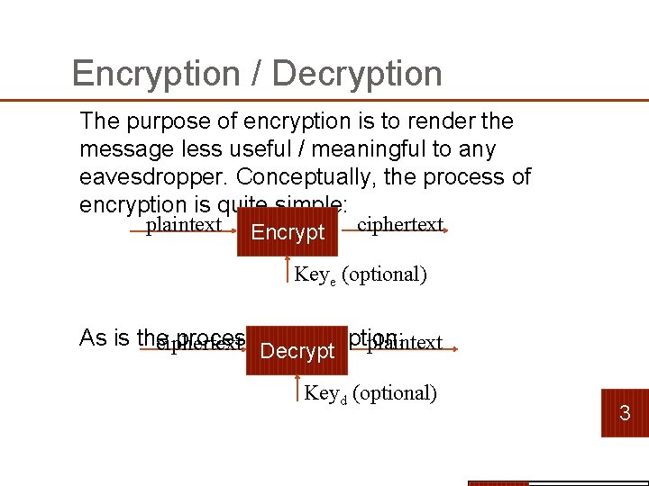 Encryption / Decryption The purpose of encryption is to render the message less useful Encryption / Decryption The purpose of encryption is to render the message less useful