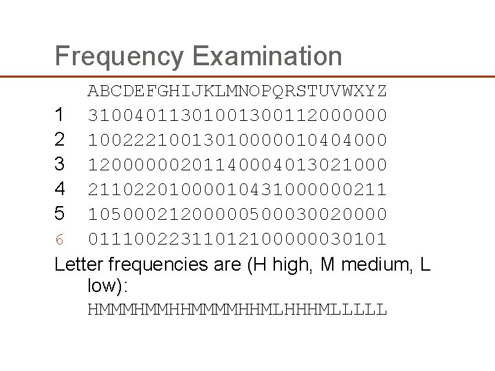 Frequency Examination ABCDEFGHIJKLMNOPQRSTUVWXYZ 1 31004011301001300112000000 2 10022210013010000010404000 3 12000000201140004013021000 4 21102201000010431000000211 5 10500021200000500030020000 6 Frequency Examination ABCDEFGHIJKLMNOPQRSTUVWXYZ 1 31004011301001300112000000 2 10022210013010000010404000 3 12000000201140004013021000 4 21102201000010431000000211 5 10500021200000500030020000 6