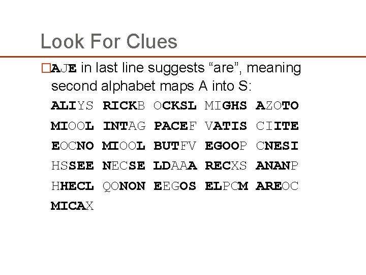 Look For Clues �AJE in last line suggests “are”, meaning second alphabet maps A Look For Clues �AJE in last line suggests “are”, meaning second alphabet maps A
