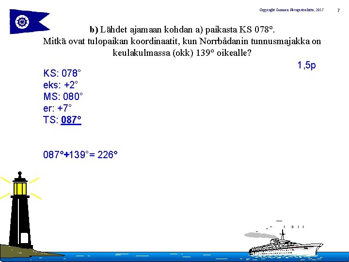 Copyright Suomen Navigaatioliitto, 2017 b) Lähdet ajamaan kohdan a) paikasta KS 078°. Mitkä ovat