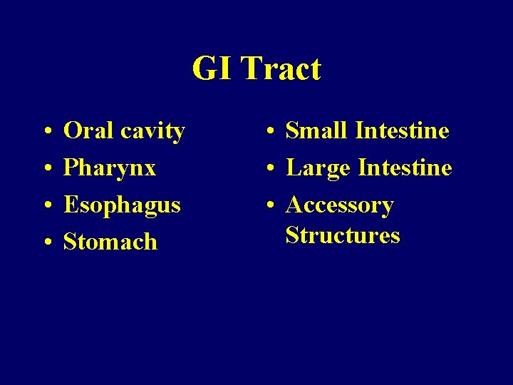 GI Tract • • Oral cavity Pharynx Esophagus Stomach • Small Intestine • Large