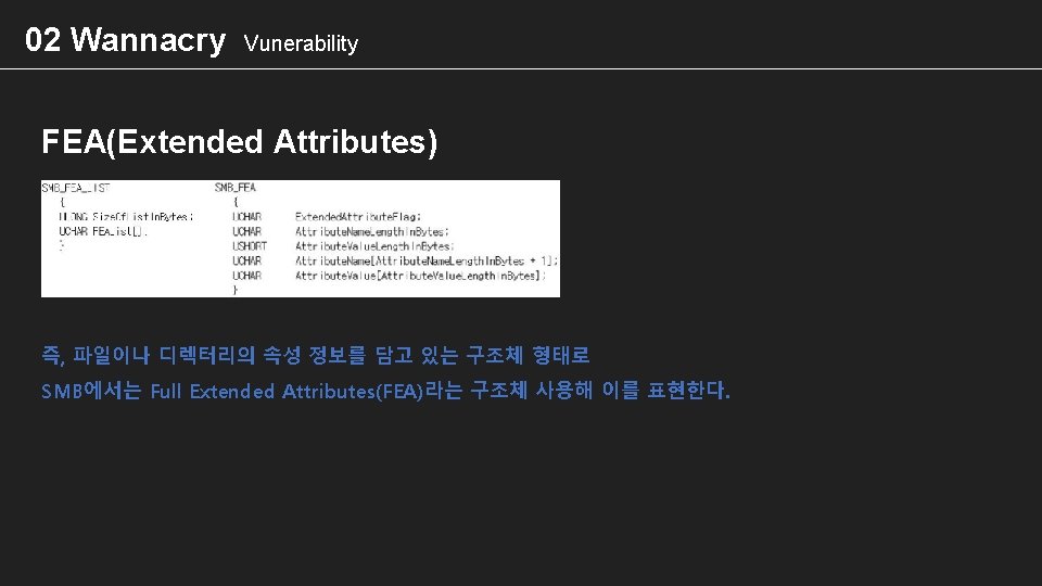 02 Wannacry Vunerability FEA(Extended Attributes) 즉, 파일이나 디렉터리의 속성 정보를 담고 있는 구조체 형태로