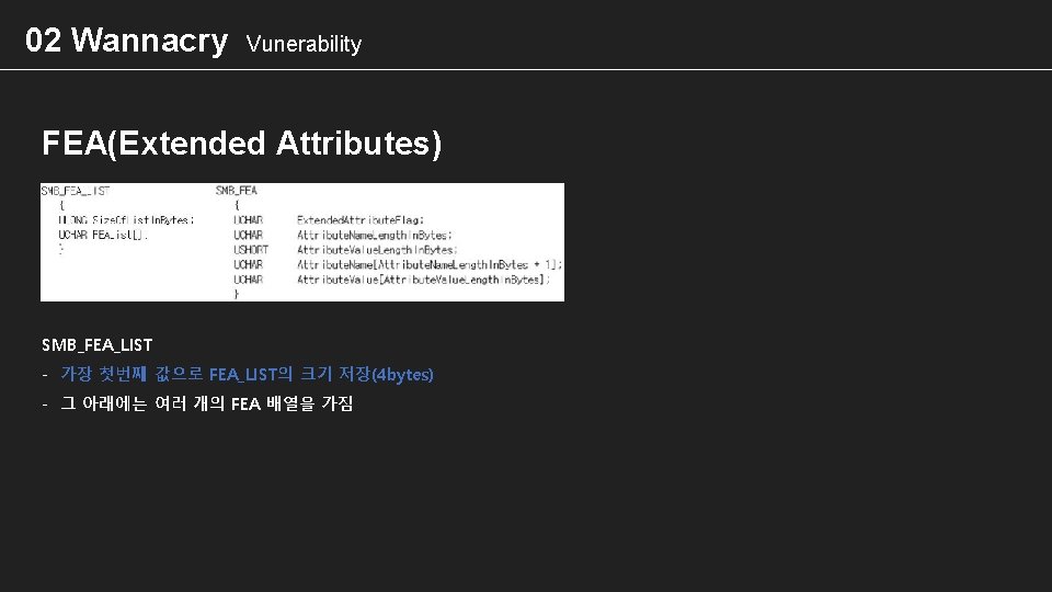 02 Wannacry Vunerability FEA(Extended Attributes) SMB_FEA_LIST - 가장 첫번째 값으로 FEA_LIST의 크기 저장(4 bytes)