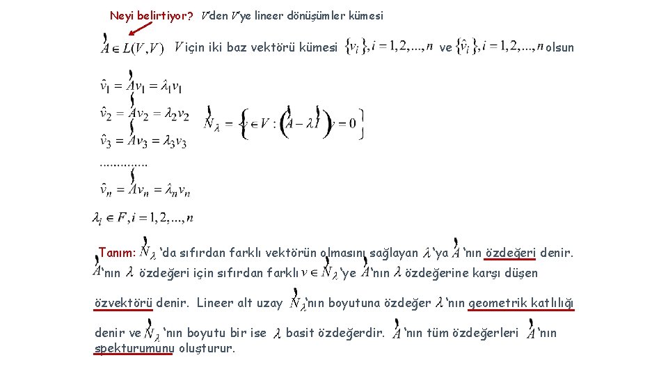 Neyi belirtiyor? V’den V’ye lineer dönüşümler kümesi için iki baz vektörü kümesi Tanım: ‘nın