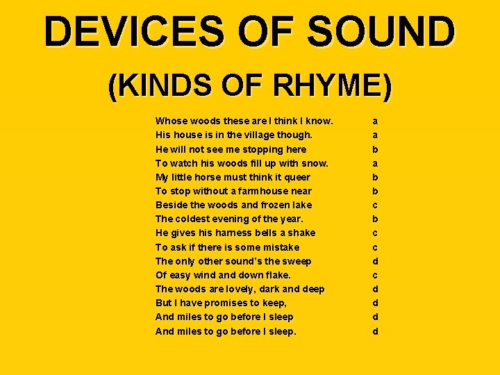 DEVICES OF SOUND (KINDS OF RHYME) Whose woods these are I think I know.