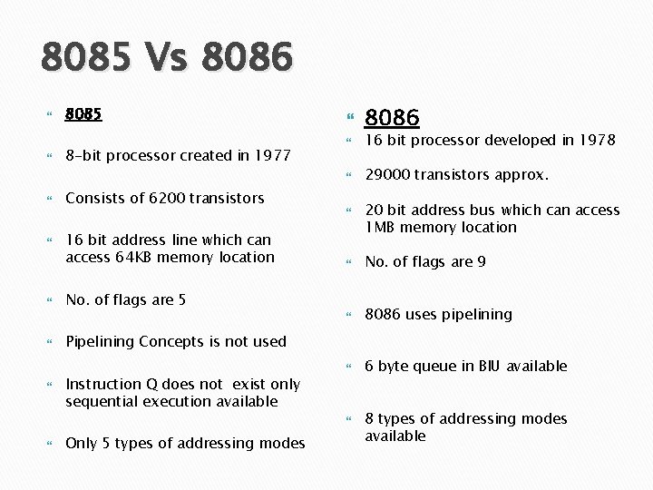 8085 Vs 8086 8085 8 -bit processor created in 1977 Consists of 6200 transistors