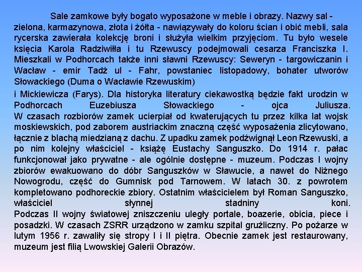 Sale zamkowe były bogato wyposażone w meble i obrazy. Nazwy sal zielona, karmazynowa, złota