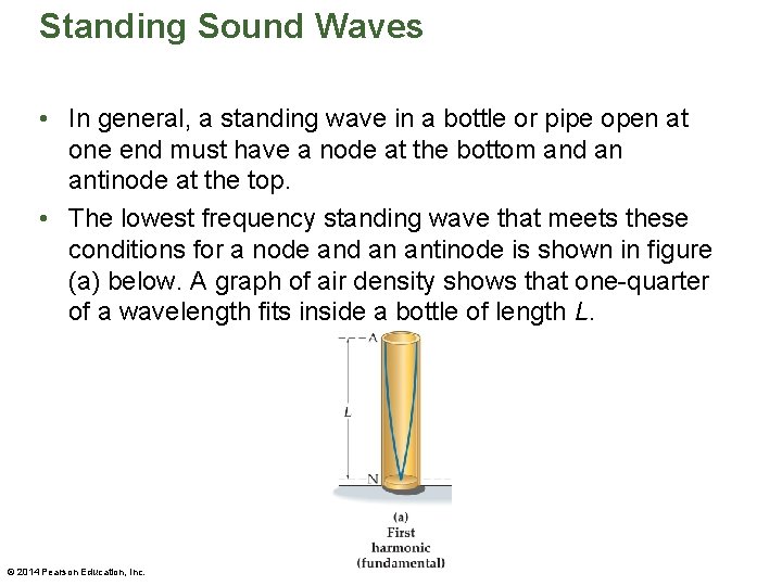 Standing Sound Waves • In general, a standing wave in a bottle or pipe