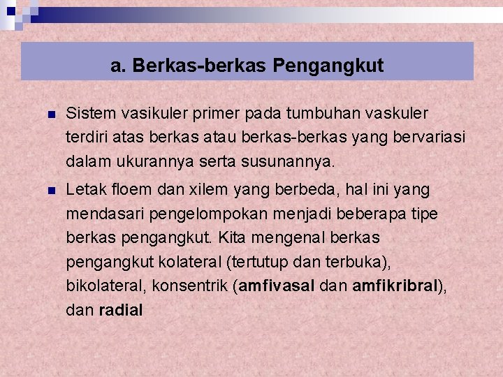 a. Berkas-berkas Pengangkut n Sistem vasikuler primer pada tumbuhan vaskuler terdiri atas berkas atau