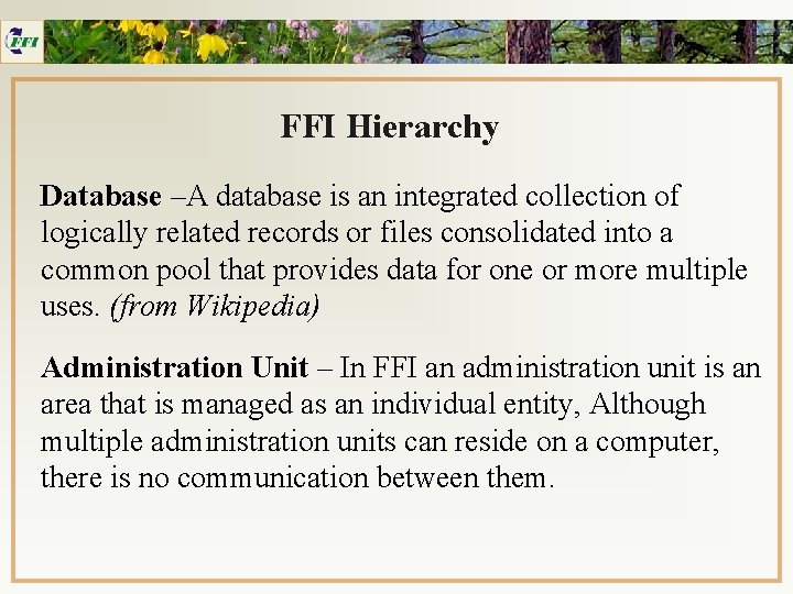 FFI Hierarchy Database –A database is an integrated collection of logically related records or