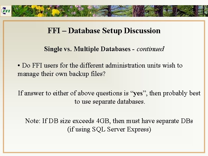 FFI – Database Setup Discussion Single vs. Multiple Databases - continued • Do FFI