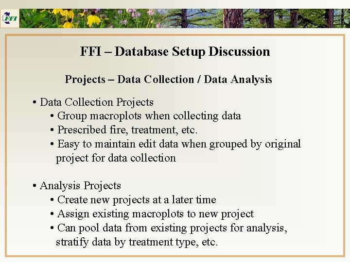 FFI – Database Setup Discussion Projects – Data Collection / Data Analysis • Data