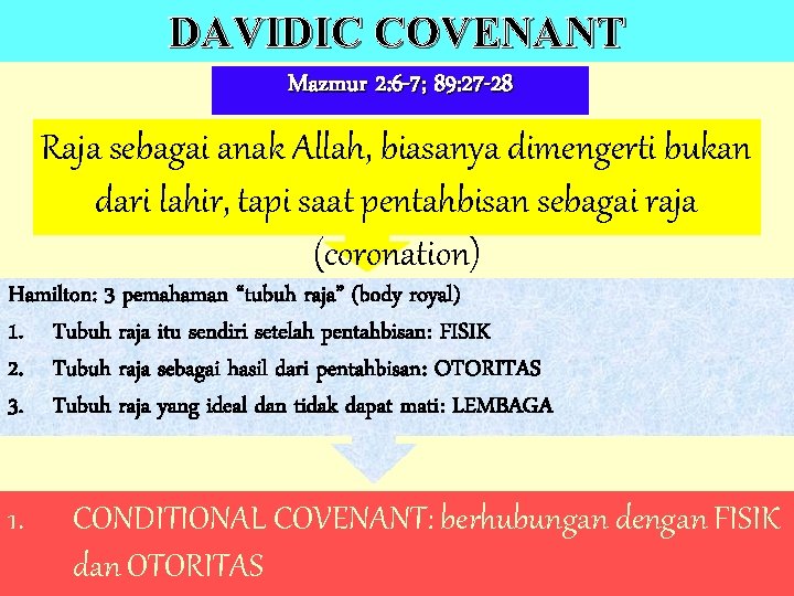 DAVIDIC COVENANT Mazmur 2: 6 -7; 89: 27 -28 Raja sebagai anak Allah, biasanya