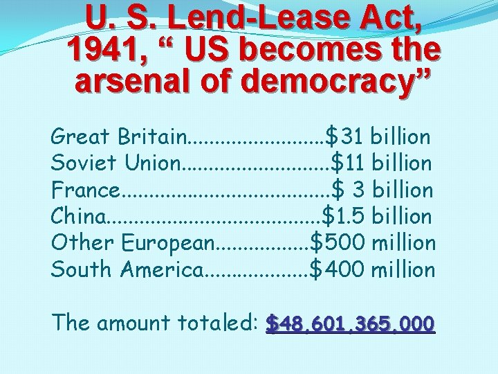 U. S. Lend-Lease Act, 1941, “ US becomes the arsenal of democracy” Great Britain.