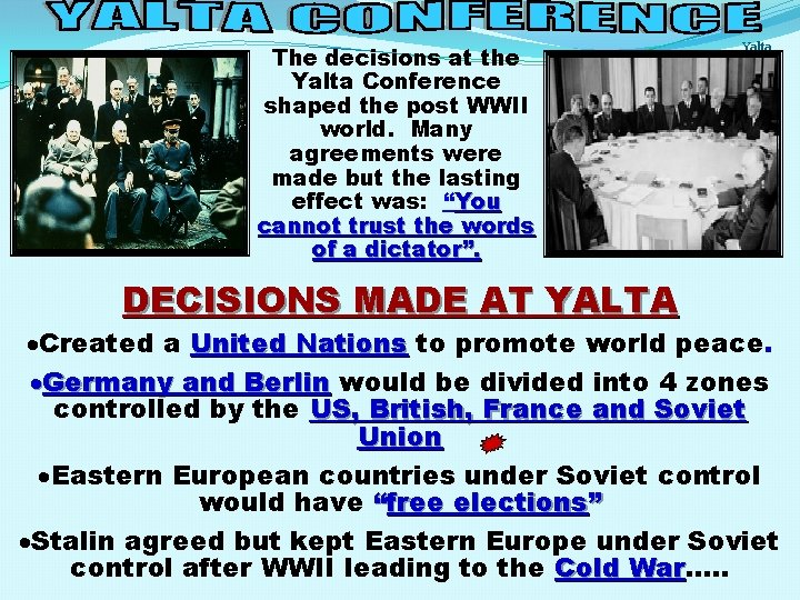 The decisions at the Yalta Conference shaped the post WWII world. Many agreements were