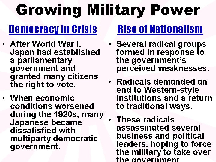 Growing Military Power Chapter 17, Section 3 Democracy in Crisis Rise of Nationalism •