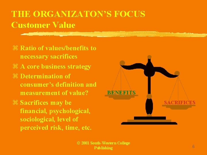 THE ORGANIZATON’S FOCUS Customer Value z Ratio of values/benefits to necessary sacrifices z A