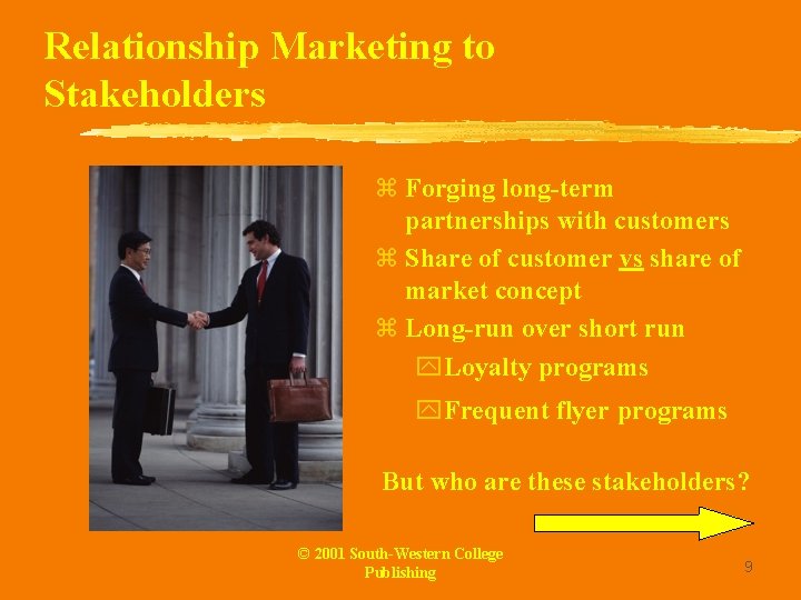 Relationship Marketing to Stakeholders z Forging long-term partnerships with customers z Share of customer