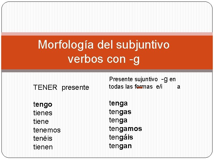 Morfología del subjuntivo verbos con -g TENER presente Presente sujuntivo -g en todas las