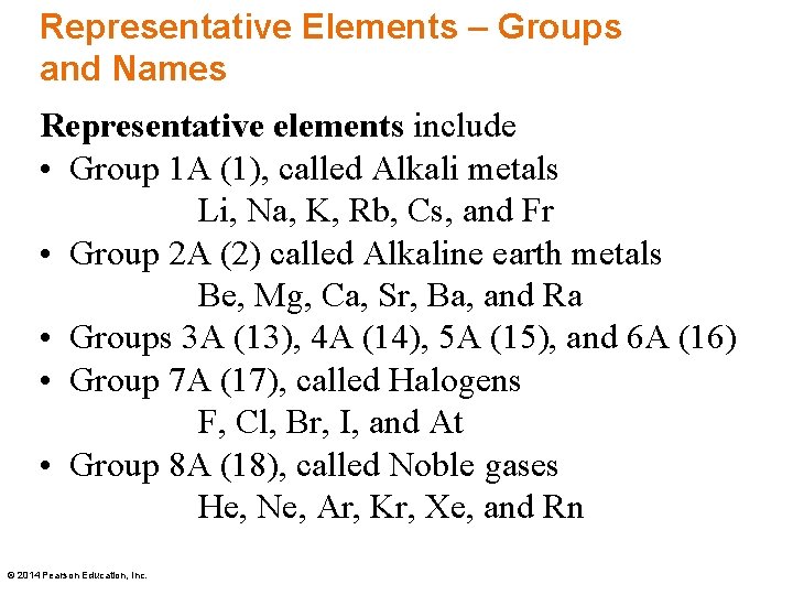 Representative Elements – Groups and Names Representative elements include • Group 1 A (1),