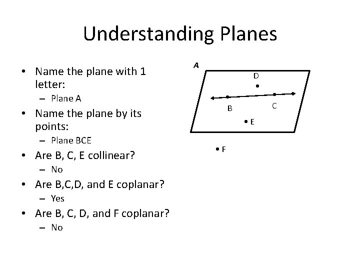 Understanding Planes • Name the plane with 1 letter: – Plane A • Name