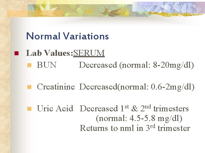 Normal Variations n Lab Values: SERUM n BUN Decreased (normal: 8 -20 mg/dl) n