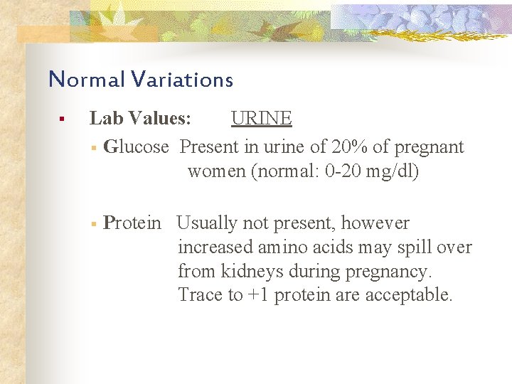 Normal Variations § Lab Values: URINE § Glucose Present in urine of 20% of