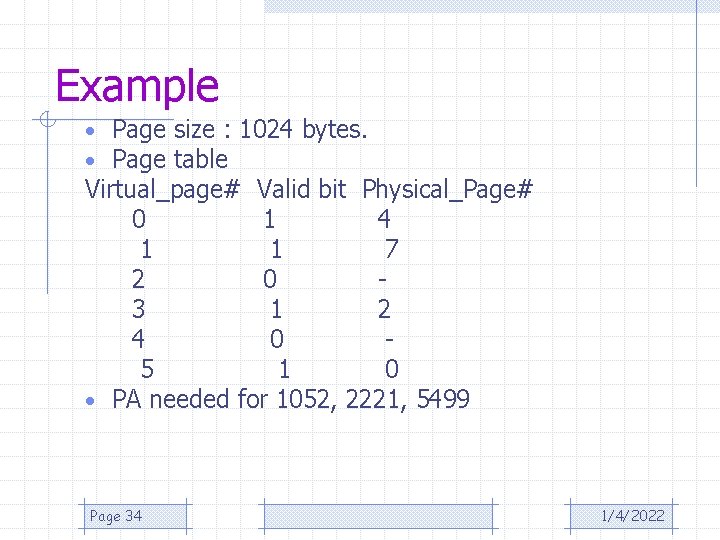 Example • Page size : 1024 bytes. • Page table Virtual_page# Valid bit Physical_Page#