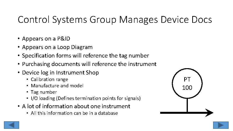 Control Systems Group Manages Device Docs • • • Appears on a P&ID Appears
