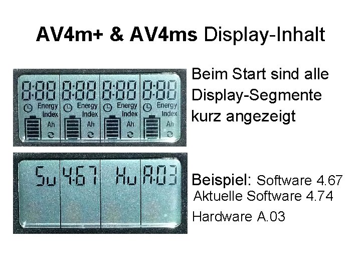 AV 4 m+ & AV 4 ms Display-Inhalt Beim Start sind alle Display-Segmente kurz