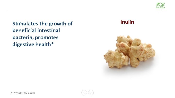 Stimulates the growth of beneficial intestinal bacteria, promotes digestive health* www. coral-club. com Inulin