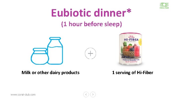 Eubiotic dinner* (1 hour before sleep) Milk or other dairy products www. coral-club. com
