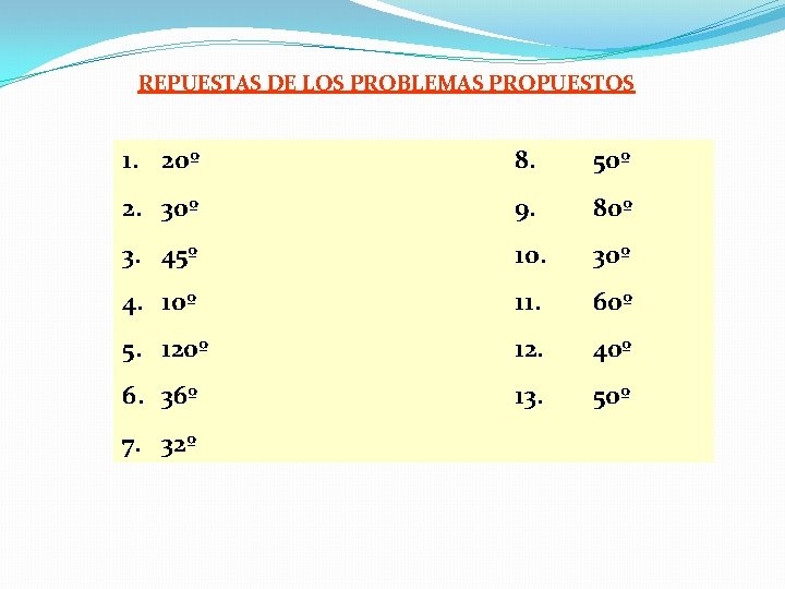 REPUESTAS DE LOS PROBLEMAS PROPUESTOS 1. 20º 8. 50º 2. 30º 9. 80º 3.