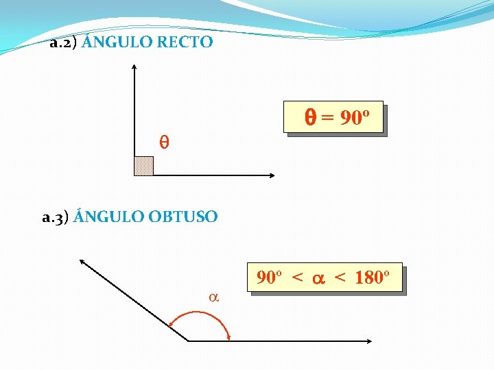 a. 2) ÁNGULO RECTO = 90º a. 3) ÁNGULO OBTUSO 90º < < 180º