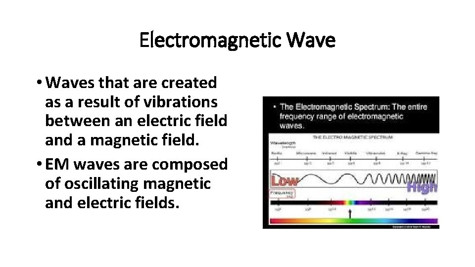 Electromagnetic Wave • Waves that are created as a result of vibrations between an