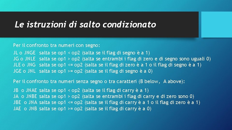 Le istruzioni di salto condizionato Per il confronto tra numeri con segno: JL o