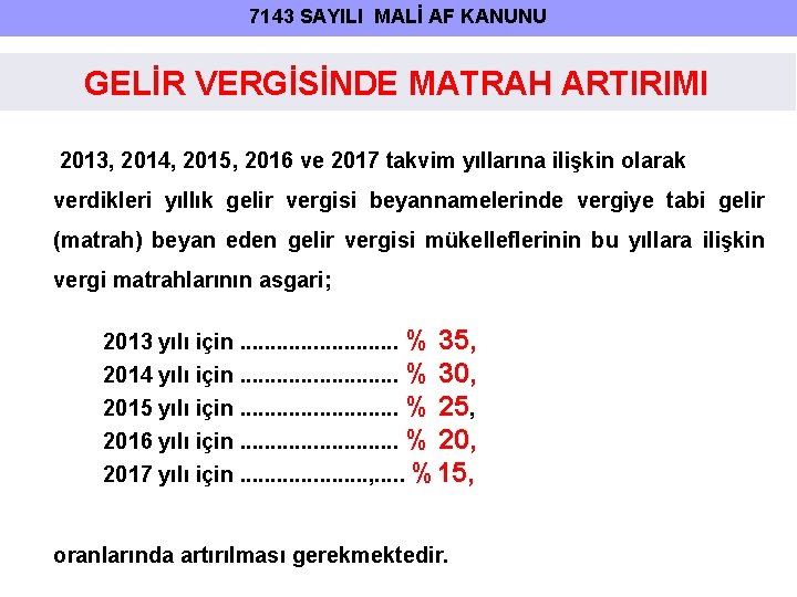 7143 SAYILI MALİ AF KANUNU GELİR VERGİSİNDE MATRAH ARTIRIMI 2013, 2014, 2015, 2016 ve