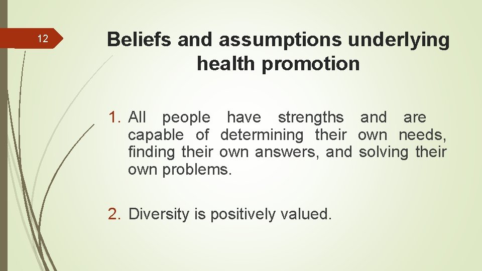 12 Beliefs and assumptions underlying health promotion 1. All people have strengths and are